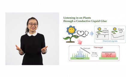 Nanyang Technological University Singapore’s Yifei Luo presenting her winning 3MT ‘Listening in on Plants through a Conductive Liquid Glue’. A still photo of Nanyang Technological University Singapore’s Yifei Luo presenting her winning 3MT ‘Listening in on Plants through a Conductive Liquid Glue’.